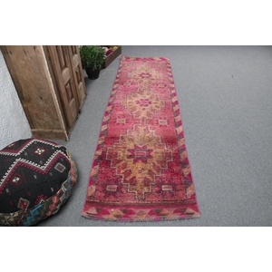2.6x9.7 ft Herki Turkish Rug <b>Red</b> Patchwork Eco-Friendly Traditional Rug with Latex Backing <b>Wool</b> - Product Image 1