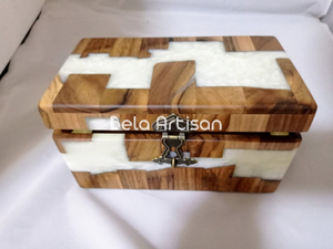 Handcrafted Wooden and Resin Jewelry <b>Box</b> Decorative White Resin Inlay Keepsake <b>Storage</b> <b>Chest</b> - Product Image 6
