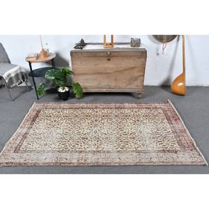 Tapis en laine turque vintage de 3.8x6,5 pieds, tissage plat en patchwork beige et marron avec support en latex pour les décorations de salon - Product Image 1