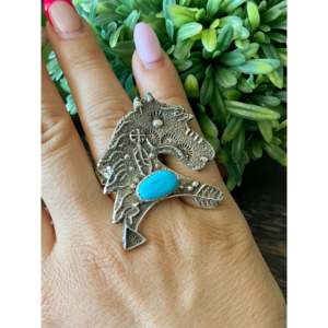 Delbert Arviso Kingman Turquoise Sterling <b>Silver</b> Tufa Cast Horse <b>Ring</b> Size 9.75 Bezel Setting Inlay Everyday Wear <b>Statement</b> <b>Ring</b> - Product Image 2
