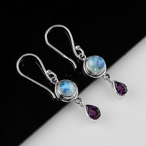 <b>Moonstone</b> Amethyst Gemstone Earrings 925 Solid Sterling Silver Round Shape Earrings for Women Dangle Earrings Silver <b>Jewellery</b> - Product Image 2