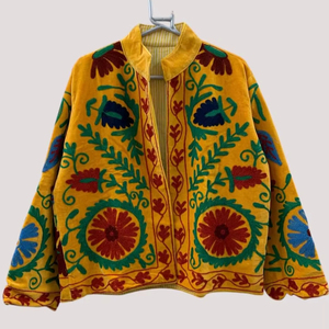 Yellow Suzani Embroidered Velvet <b>Short</b> <b>Jacket</b> Handmade Festival <b>Jacket</b> Winter Wear Women's <b>Jacket</b> Coat Suzani Coat - Product Image 1