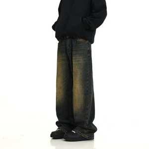 Cross-Border Retro <b>Men's</b> Jeans <b>Loose</b> Yellow Mud-Dyed Straight-Leg Pant 100% Cotton Medium Washed Distressed Wide-Leg <b>Trousers</b> - Product Image 4