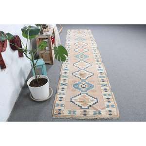 Alfombra Vintage de 2.8x12.5 pies, Alfombra Turca Azul a Rayas de Lana - Product Image 2