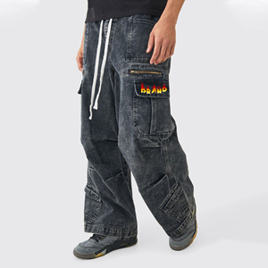 กางเกงยีนส์สไตล์สตรีทฮิปฮอปปักลายสำหรับผู้ชายขาตรงมีหลายกระเป๋าปักลายสไตล์วินเทจโลโก้ได้ตามต้องการ - Product Image 1