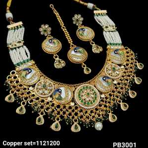 Diseño de pavo real maravilloso indio Real Kundan calidad Premium Jaypuri conjunto corto collar con pendiente Mangtikka conjunto para mujer - Product Image 1