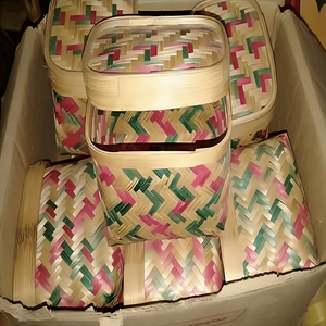 Paniers de rangement en bambou tissés à la main avec motif Chevron rose et vert Bacs décoratifs écologiques pour organiser la maison ou les cadeaux - Product Image 1