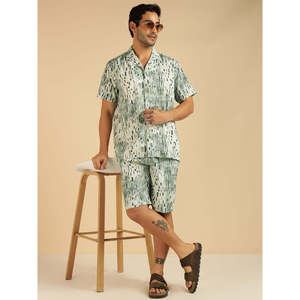 Amanush <b>Men's</b> Geometric Print Cotton Co-Ord Set Short Sleeve Spread Collar Shirt With Short Casual Summer Wear 2 Piece Outfit - Product Image 1