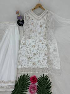 Venta caliente indio pakistaní mujeres color blanco Top Palazzo y dupatta en Faux Georgette para bodas y fiestas ocasiones desgaste - Product Image 3