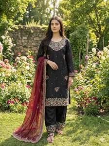 Ensemble Salwar Kameez prêt-à-porter entièrement cousu avec broderie lourde, travail de séquence, haut, palazzo et dupatta - Product Image 5