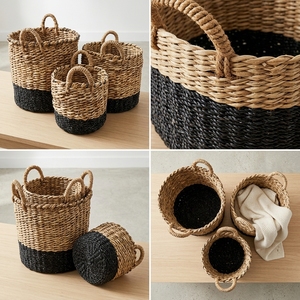 Natural Banana Bark Recycled <b>Plastic</b> Storage <b>Basket</b> Set Black Dipped Bottom Arch Handle Pot Planter Organizer Setup Pure Art - Product Image 2