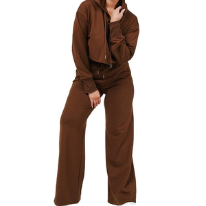 2025 gros manches longues culture coton ourlet brut haut à capuche et pantalon de survêtement ensemble marron costume décontracté 2 pièces ensemble à capuche pour les femmes - Product Image 5