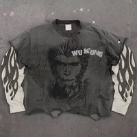 T-shirt à manches longues surdimensionné pour homme, personnalisable, effet délavé, manches double gaufré, style vintage usé, en polyester/coton double couche
