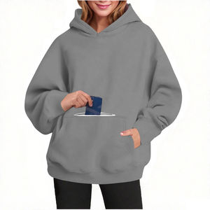 Sudadera con Capucha para Mujer, Estilo Informal, Holgada, Color Sólido, Talla Grande, Color Gris - Product Image 3