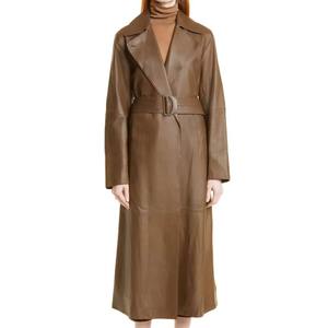 Nouvel arrivage d'hiver Trench-coat minimaliste en cuir véritable marron mat pour femmes avec design épuré ajustable - Product Image 1