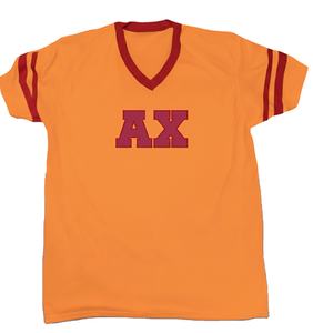 Camiseta de Sororidad Alpha Chi Omega con Cuello en V y Letras Griegas Bordadas, Jersey Deportivo Personalizado para Mujeres y Hombres - Product Image 1