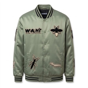 Blouson Bomber Oversize en Satin Unisexe Vert Sauge Noir avec Patchs en Chenille Brodés Logo Personnalisé OEM Streetwear - Product Image 1