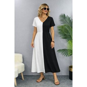 Vestido Midi de Viscosa Bicolor con Cuello en V y Manga Corta para Mujer de Jane's - Elegante, Corte en A, Informal para Uso Diario - Product Image 1