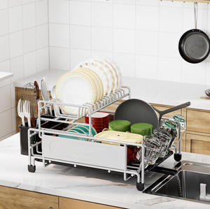 Égouttoir à vaisselle moderne pliable à double niveau en acier inoxydable détachable, grande capacité, organisateur de rangement, support de séchage pour ustensiles - Product Image 1