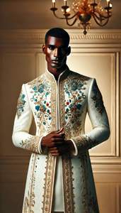 Sherwani élégant personnalisé pour hommes 2025 @ avec robe trail et pantalon avec perle de verre en cristal ornée de 3D, Dabka, travail de la pierre - Product Image 2