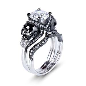 Jeulia Two Tone Sterling Silver <b>Skull</b> <b>Ring</b> with Round Cut Zircon Great Gift Idea - Product Image 2