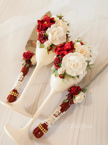 Ensemble de flûtes à champagne et de coupe-gâteau pour mariage, <span class=keywords><strong>bordeaux</strong></span> et ivoire, verres à champagne floraux, cadeau pour couple, fête de mariage, vente directe d'usine - Product Image 3