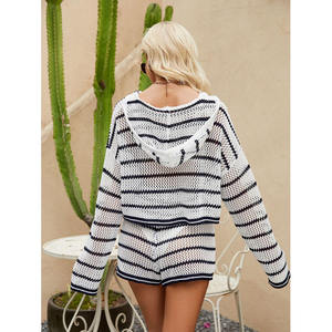 Primavera 2025 nueva moda Casual conjunto suelto a rayas con capucha suéter de punto conjunto de dos piezas para mujer - Product Image 2