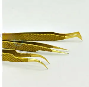 Pinzas de extensión de pestañas con revestimiento de oro completo Aislamiento de volumen ruso y formas curvas Pinzas de pestañas de acero inoxidable sólido