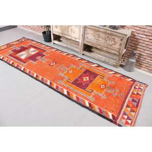 Alfombra Turca Vintage, Alfombra de Pasillo de 3.1x9.7 pies, Alfombra Floral Herki Naranja - Product Image 2
