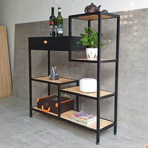 Standing Iron Frame Rubber Wood Decorative Shelf with <b>Drawers</b> for Living Room - Product Image 3