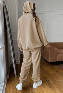 Ensemble de survêtement 2 pièces en polyester + spandex pour femmes pantalons de survêtement à capuche à manches longues joggeurs avec bouton décoration toile matériel - Product Image 4