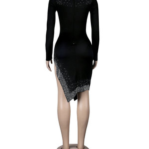 Vestido Mini Sexy de Manga Larga con Diamantes para Mujer, Vestido Ajustado con Bordado de Cuentas, Cintura Natural, Material de PU Metálico Simple - Product Image 4