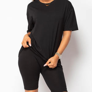 Nouveautés Vêtements d'été Ensemble t-shirt et short de détente pour femmes 100% coton tissu élasthanne fabriqué Ensemble short de cycliste et t-shirts pour femmes - Product Image 2