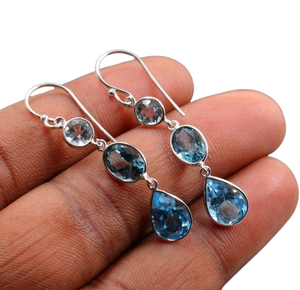 Boucles d'oreilles pendantes en topaze bleue plaquées or, argent sterling 925, bijoux tendance pour femmes, cadeau de mariage - Product Image 1
