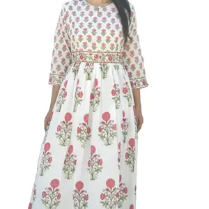 Red Floral Maxi Casual Dress for Womens closed neck Cotton Women Dress from Indian Manufacturer and Exporter