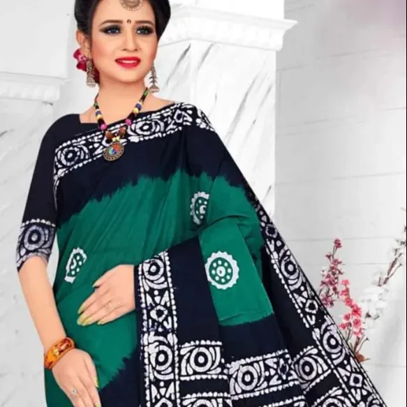 Sari batik de algodón puro bloqueado a mano con estilo floral y geométrico en colores claros medianos y oscuros para mujer