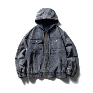 เสื้อแจ็กเก็ตใส่ทำงานแบบมีฮู้ดผ้าคอตตอนโอเวอร์ไซส์ซีดจางมีซิปแนวสตรีท - Product Image 3