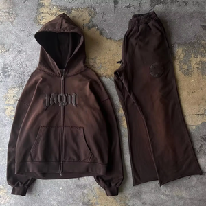 Acid Wash Sweat Suit Sweatsuit Zip up Sudadera con capucha y pantalones de chándal Jogger Set Flared Puff Printing Chándales Hombres - Product Image 3