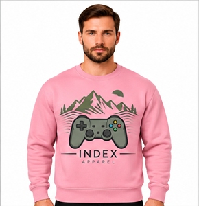 เสื้อสเวตเชิ้ตคอกลมสีชมพูสำหรับผู้ชาย ลายพิมพ์รูปภูเขาและจอยเกม ทรงปกติ สวมใส่สบายๆ สำหรับฤดูใบไม้ร่วง - Product Image 1