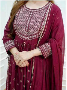 Organic Cotton Floor-Length Cut Vintage Eco-Friendly <b>Kurta</b> Pant Dupatta Set Red Color Threads <b>for</b> <b>Women</b> - Product Image 3