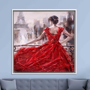 Élégance parisienne : Tableau sur toile imprimé représentant une femme en robe rouge, TOILE ENCADRÉE BLANCHE - Product Image 1
