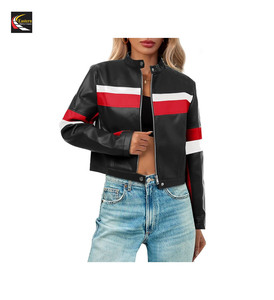 Femmes Moto Biker Vestes Faux Cuir Bomber Veste En Gros Couleur Bloc Racing Manteaux - Product Image 5