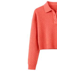 Pull polo court en tricot côtelé rose corail personnalisé pour femmes, manches longues, patte de boutonnage, doux, décontracté, mode d'hiver - Product Image 3