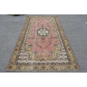 Vintage 4x8.7ft Grand Rectangle Tapis Turc Classique Patchwork Design en Rose Jaune Laine Latex Support pour Couloir Chambre Décor - Product Image 1