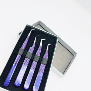 Juego de pinzas de extensión de pestañas con agarre de diamante púrpura superventas, 4 piezas, pinzas de pestañas de acero inoxidable, Punta lisa - Product Image 4