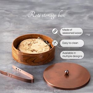 Boîte à chapati design en bois avec couvercle, boîte de rangement pour pain plat, boîte à chapati avec couvercle en acier inoxydable (couleur or) - Product Image 5