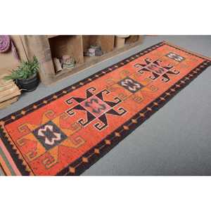 Tapis en laine turque vintage 31x101 pieds tapis orange tissage plat Patchwork Design pour décorations de salon - Product Image 5