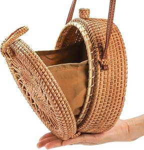 กระเป๋าหวายทรงกลมทำมือพร้อมสายหนัง |   กระเป๋าสะพายข้างสานสำหรับฤดูร้อน กระเป๋าชายหาดสำหรับผู้หญิง กระเป๋าสะพายไหล่แฟชั่น - Product Image 3