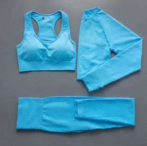 Conjunto Deportivo de 3 Piezas para Mujer, Cintura Alta, Sin Costuras, Resistente al Agua, Spandex/Nailon, para Gimnasio, Yoga, Manga Larga, Pantalones Cortos - Product Image 2