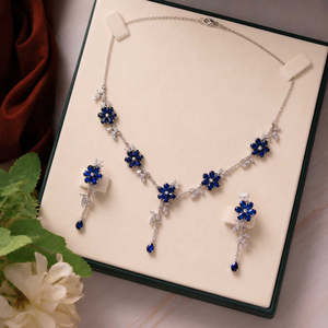 NOVAMART Fine Hallmark 18K Gold Plated Vintage Silver <b>Necklace</b> Set Copper-based with <b>Blue</b> Crystal Flower Pendant for Wedding or - Product Image 1